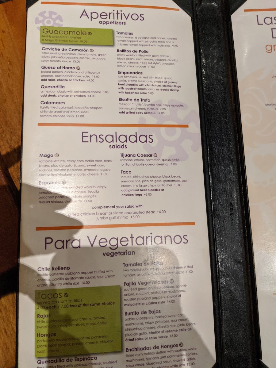 Mago Grill & Cantina gluten-free menu