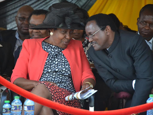 Former Lands CS Charity Ngilu chats with Wiper leader Kalonzo Musyoka at a past function in Kitui county. The race for governorship in Ukambani counties has escalated.Photo/ Musembi Nzengu