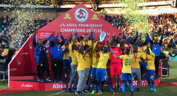 Mamelodi Sundowns players celebrate after lifting the 2018/19 Absa Premiership title.