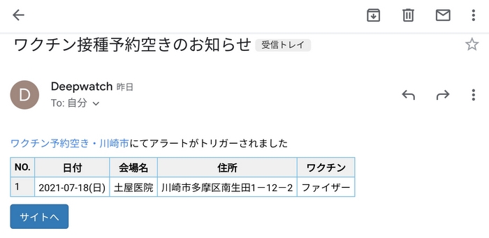 新型コロナウイルスのワクチン接種予約の空き枠通知メール