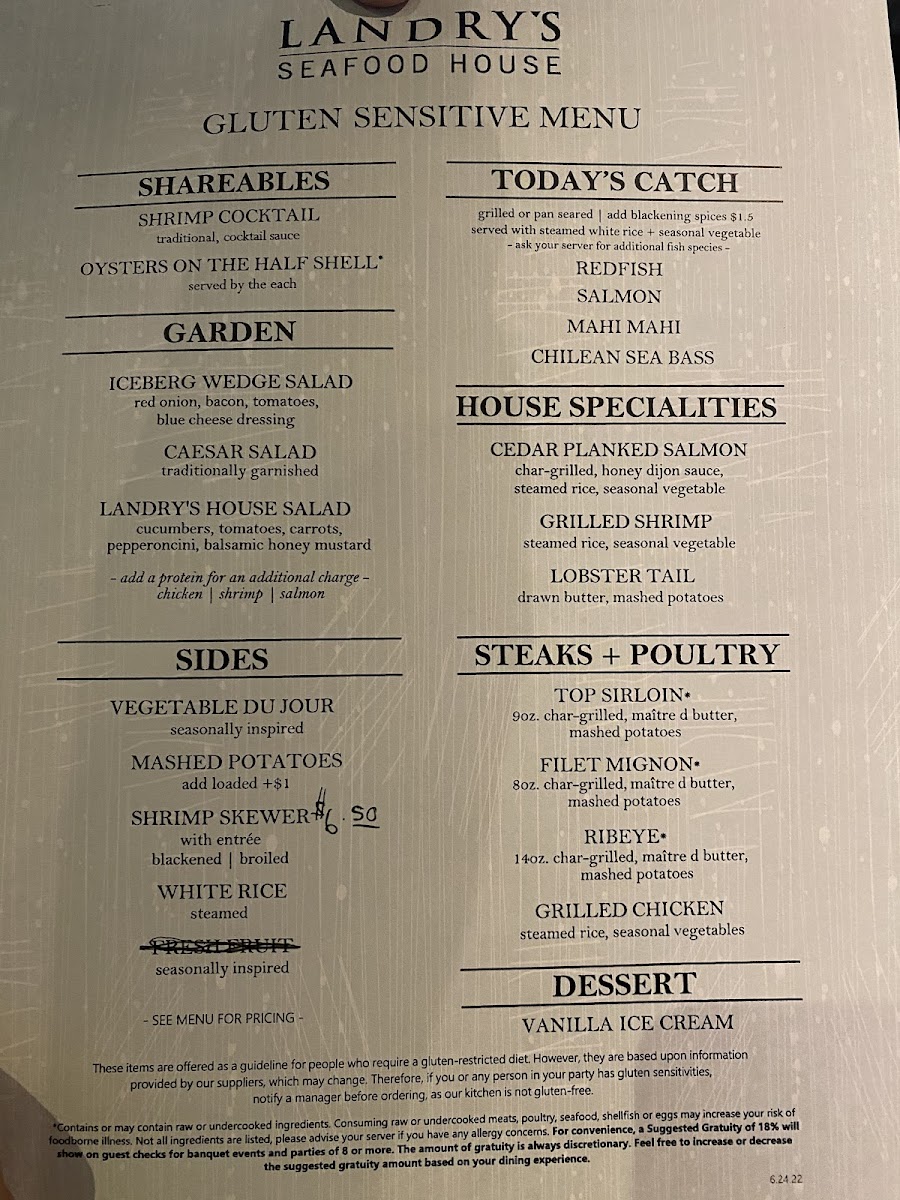 Landry's Seafood gluten-free menu
