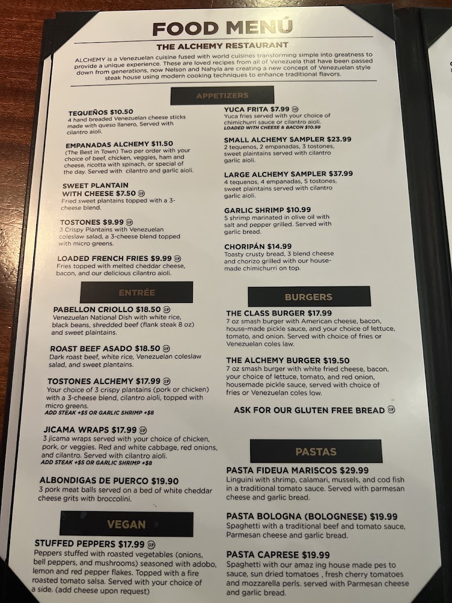 Alchemy Restaurant gluten-free menu