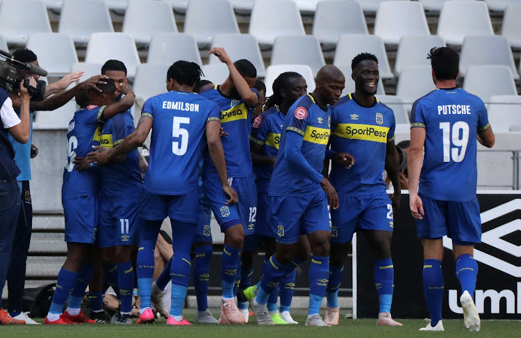 Ayanda Patosi of Cape Town City celebrates goal with teammates during the 3-1 Absa Premiership win over Black Leopards at Cape Town Stadium in Cape Town on November 11, 2018.