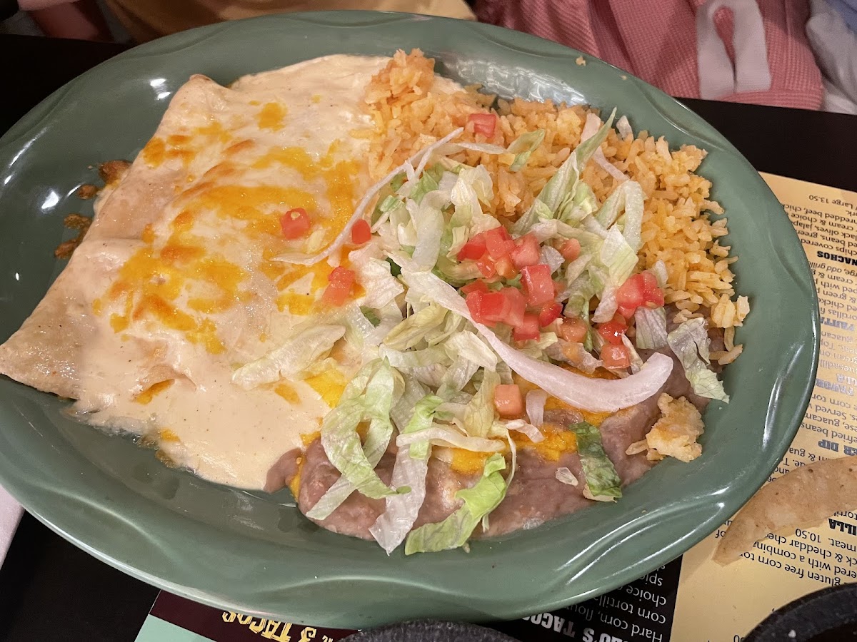 Cheese Enchiladas with rice and refried beans