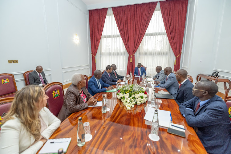 President William Ruto chairs a meeting to be briefed on progress report from South Sudan Chief Mediator Lt Gen. (Rtd) Lazarus Sumbeiywo on Mat 7, 2024.