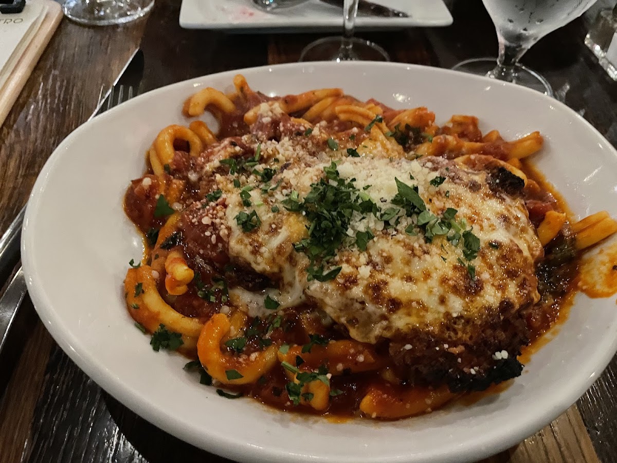 Chicken parmigiana wirh GF pasta.