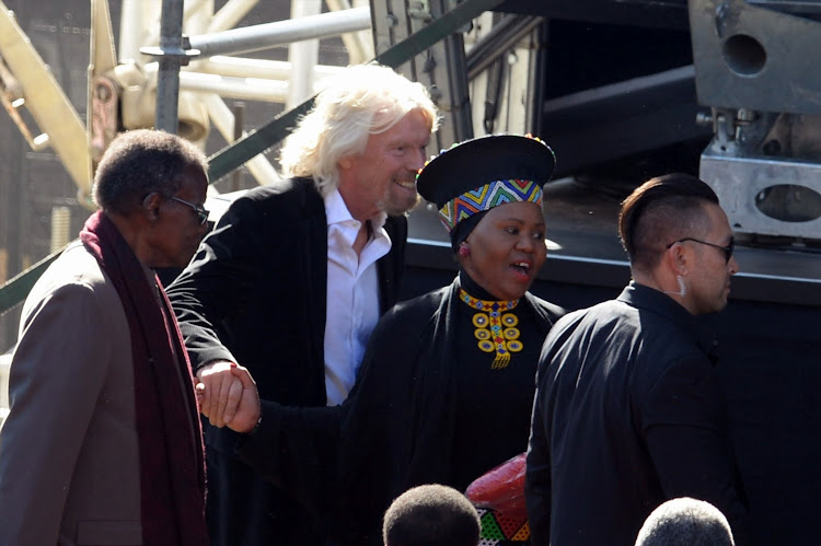 Sir Richard Branson and Minister of Small Business Development Lindiwe Zulu during the 16th annual Nelson Mandela lecture at Wanderers Stadium on July 17, 2018 in Johannesburg, South Africa.