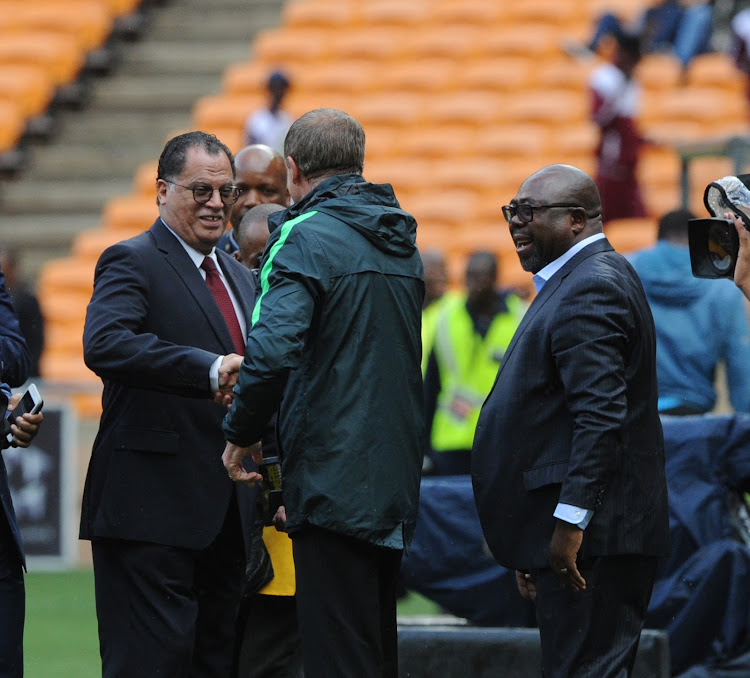 Stuart Baxter coach of South Africa with SAFA President Dr Danny Jordaan and Minister of Sports Thulas Nxesi during 2018 World Cup qualifier football match between South Africa and Burkina Faso on the 7 October 2017 at Soccer City, Johannesburg.