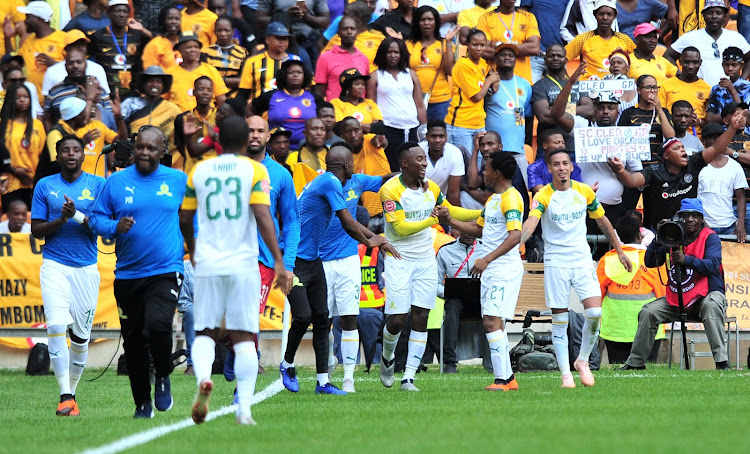 Mamelodi Sundowns players and coaching stuff celebrate a goal during a 2-1 Absa Premiership match against Kaizer Chiefs at FNB Stadium on January 5 2019.