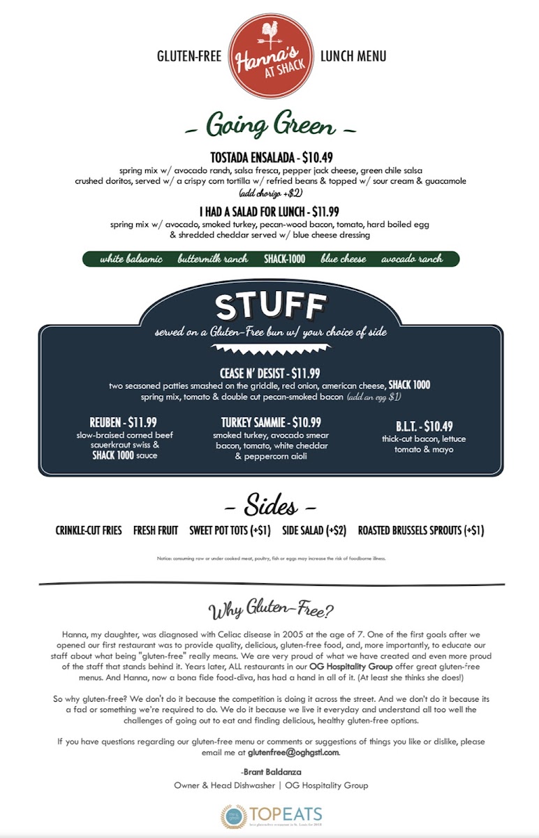 The Shack gluten-free menu