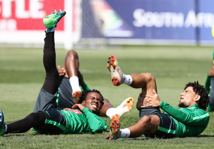 Percy Tau with Keagan Dolly during the South African national mens soccer team training session at Princess Magogo Stadium on September 04, 2018 in Durban, South Africa.