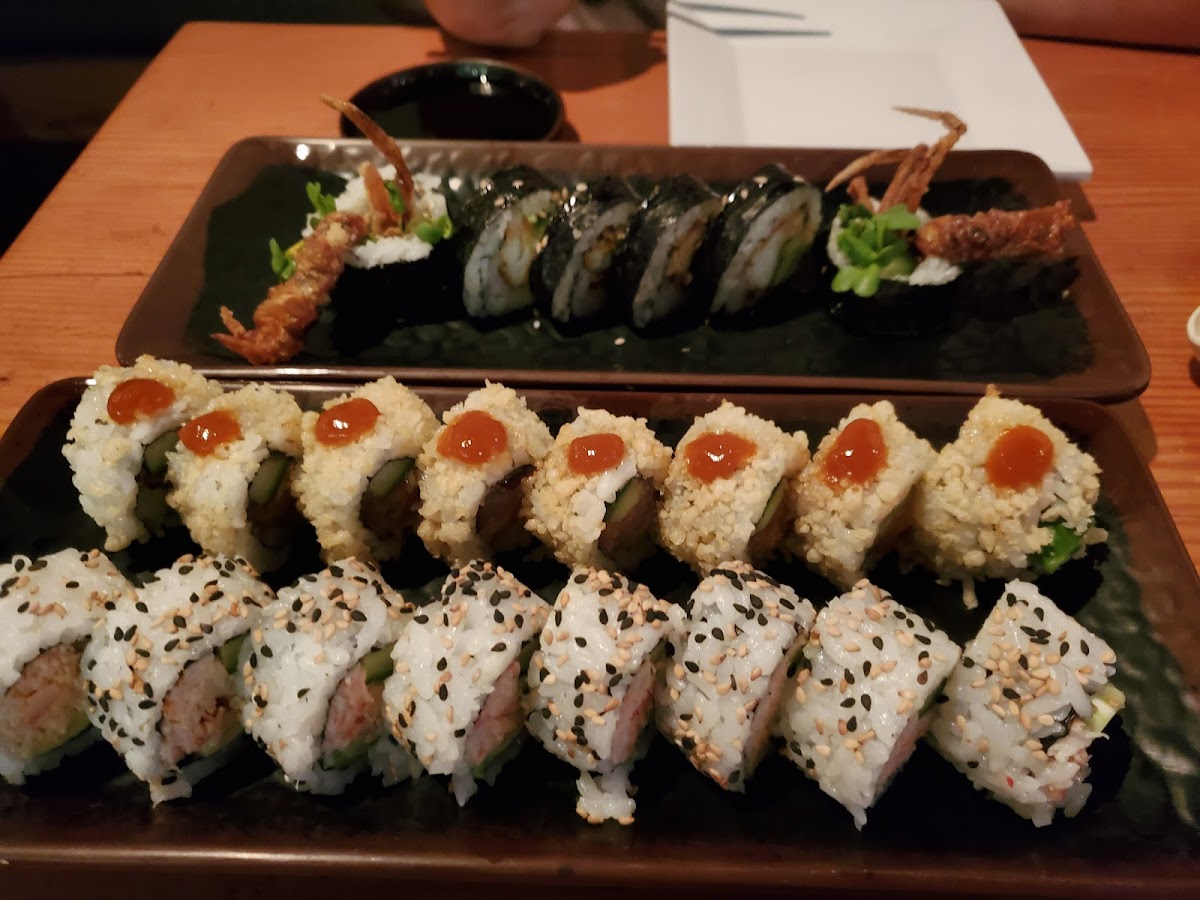 From top to bottom: spider roll, fiery furnace, and California roll