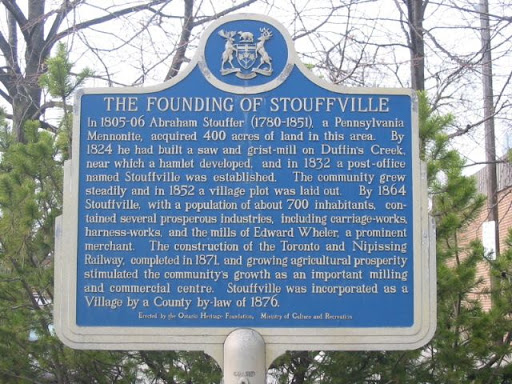 In 1805-06 Abraham Stouffer (1780-1851), a Pennsylvania Mennonite, acquired 160 ha of land in this area. By 1824 he had built a saw and grist-mill on Duffin's Creek, near which a hamlet developed,...