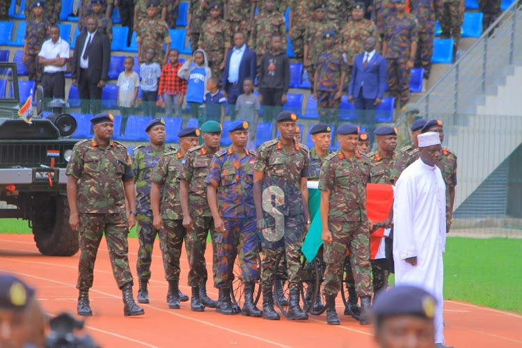 Final salute for the fallen CDF Francis Ogolla by soldiers at Ulinzi Sports Complex, Lang'ata, on April 20, 2024