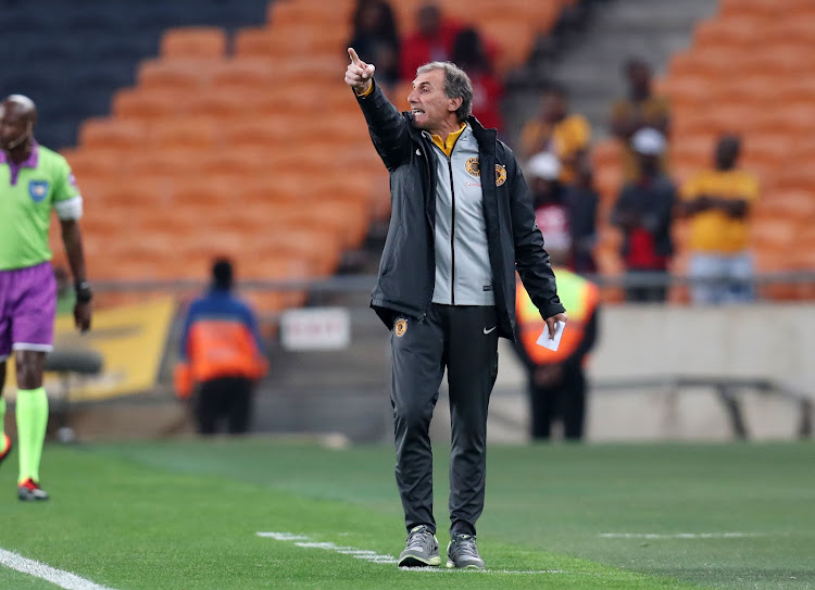 Kaizer Chiefs Italian coach Giovanni Solinas reacts on the touchline during the Absa Premiership match against AmaZulu at the FNB Stadium in Johannesburg on September 22 2018.