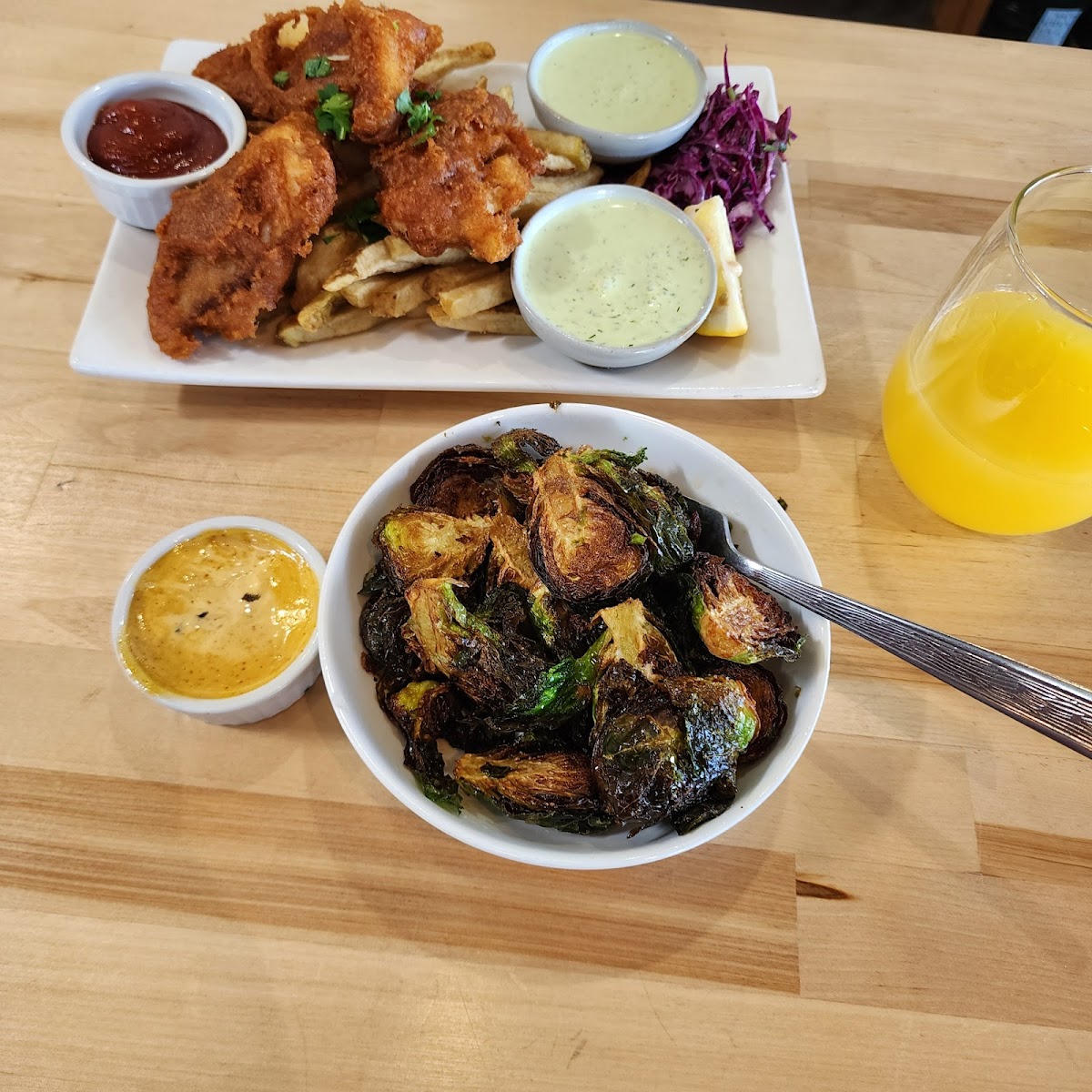 Fish & chips,  brussel sprouts appetizer, and a mimosa. The vegan ranch wasn't that great.