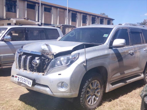 The vehicle belonging the Samburu County Assembly Speaker Steve Lelegwe, which was involved in an accident on the Maralal-Kisima road that lead to the death of a teacher on October 18, 2016. /MARTIN FUNDI