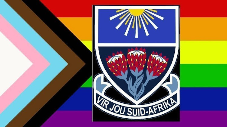 The DF Malan High School emblem superimposed on a Pride flag on change.org, where 11,000 people have signed a petition calling on the school to crack down on homophobia.