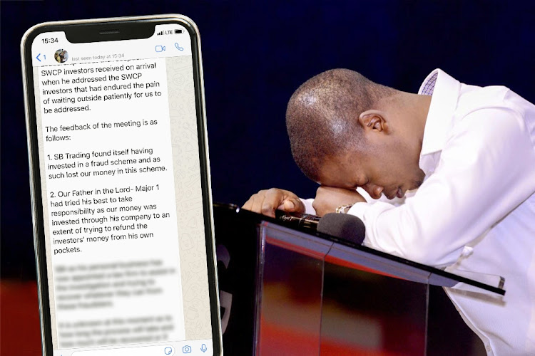 Shepherd Bushiri, head down and gripping a microphone, in contemplation or prayer. Alongside is a WhatsApp message that congregants said gave them the bad news about their investments lost in a church-related scheme.