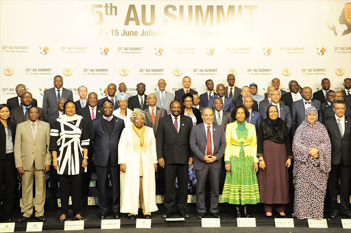 Delegates from the AU pose for a portrait during the 25th African Union Summit on June 11, 2015 at the Sandton Convention Centre in Johannesburg, South Africa. The global migration crisis, xenophobia and turmoil in Burundi are taking top priority at this year’s summit taking place in Johannesburg.