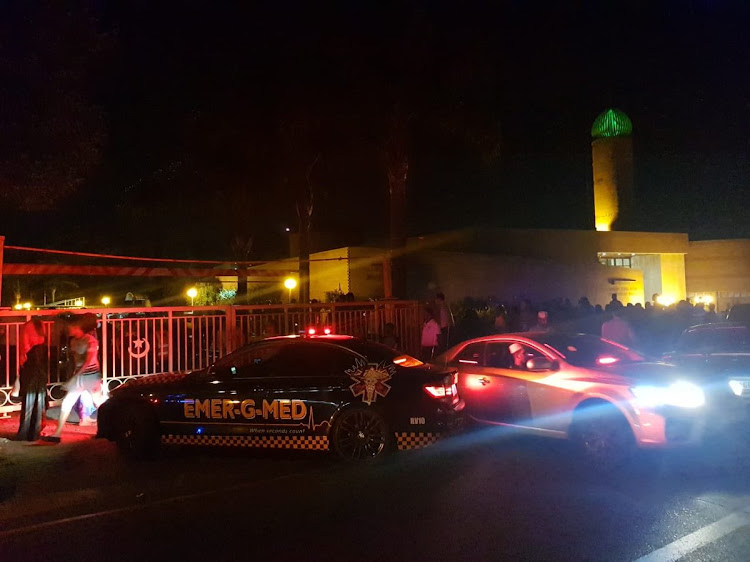 The scene outside a mosque in Mayfair, Johannesburg, where a shooting took place on Tuesday night, January 23 2019.