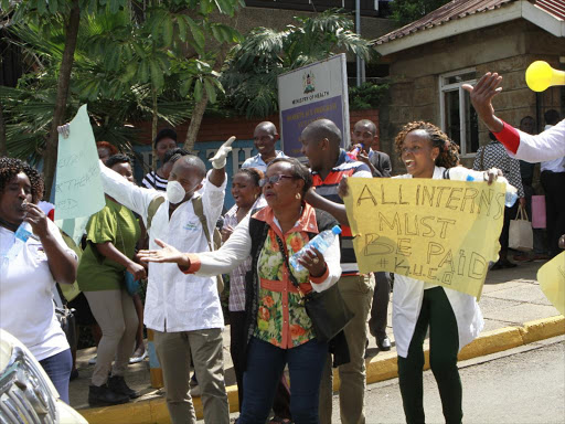 Nurses and clinical offi cers demonstrate at Afya House on ursday last week /MONICAH MWANGI