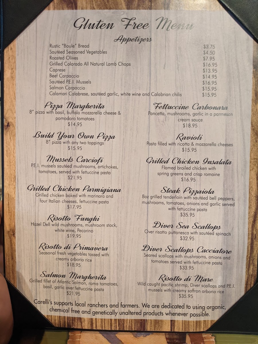 Carelli's of Boulder gluten-free menu