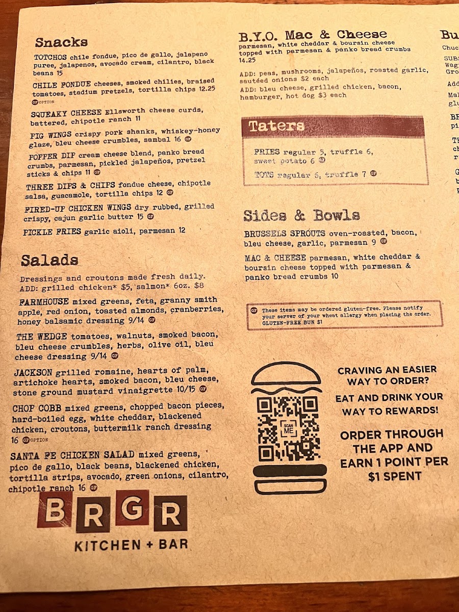 BRGR Kitchen + Bar gluten-free menu