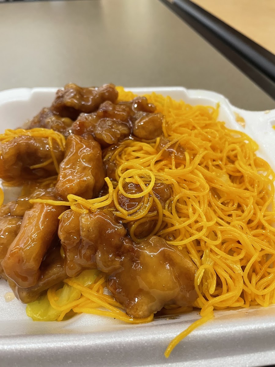 Orange chicken and curry noodles