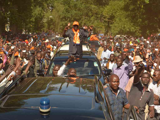 ODM Leader Raila Odinga arriving in Kericho town for a public Rally./FILE