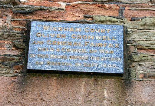 It reads: Wickham Court Oliver Cromwell and General Fairfax Held a Council of War In this house before the attack On Bristol in Sept. 1645 See ST6176 : Wickham Court © Copyright David Lally and...