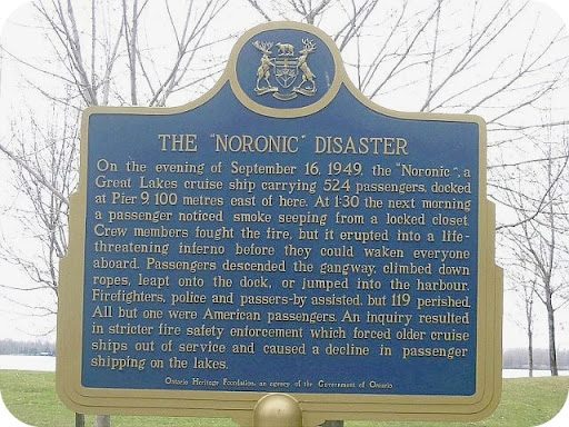 On the evening of September 16, 1949, the "Noronic", a Great Lakes cruise ship carrying 524 passengers, docked at Pier 9, 100 metres east of here. At 1:30 the next morning a passenger noticed...