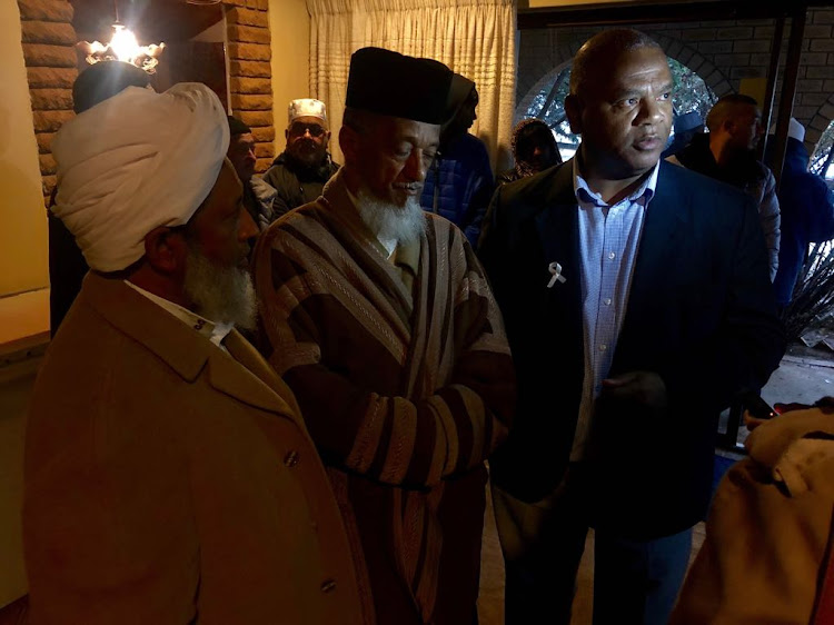 Western Cape community safety MEC Dan Plato (right) at the Malmesbury mosque on Thursday with Muslim Judicial Council (MJC) president Sheikh Irfaan Abrahams, middle, and MJC first deputy president Moulana Abdul Khalid Allie.