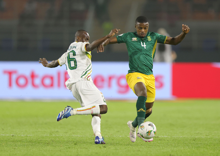 Bafana Bafana's Teboho Mokoena is challenged by Sikou Niakate of Mali during the 2023 Africa Cup of Nations match at Amadou Gon Coulibaly Stadium in Korhogo on January 16 2024.
