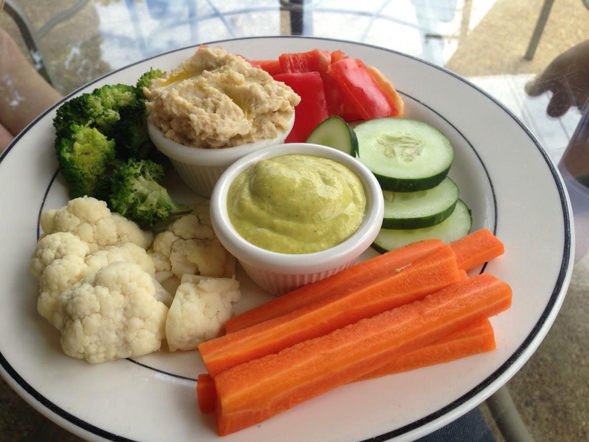 Veggie platter with hummus and creamy vegan dip (no pita for the celiac!)