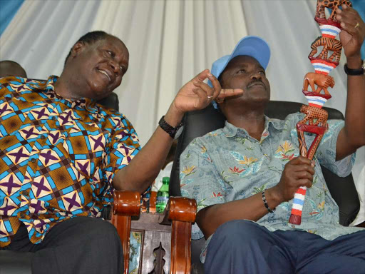 Kitui Governor Julius Malombe and wiper leader Kalonzo at the Aga Khan Hall, Mombasa, on Saturday / MUSEMBI NZENGU