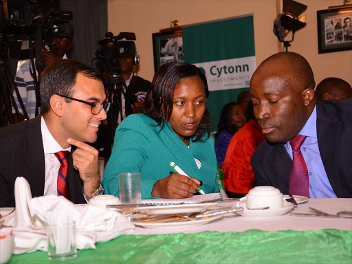 Cytonn Investment head of private equity Shiv Arora,Chief investment Officer Elizabeth Nkukuu with Investments Manager Maurice Oduor at a media briefing in Nairobi on January 11. Photo/Enos Teche.