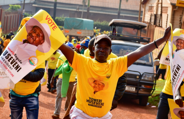 Supporters of Uganda's National Resistance Movement (NRM) party celebrate the victory of President Yoweri Museveni in the concluded general elections in Kampala, Uganda on January 16, 2021.