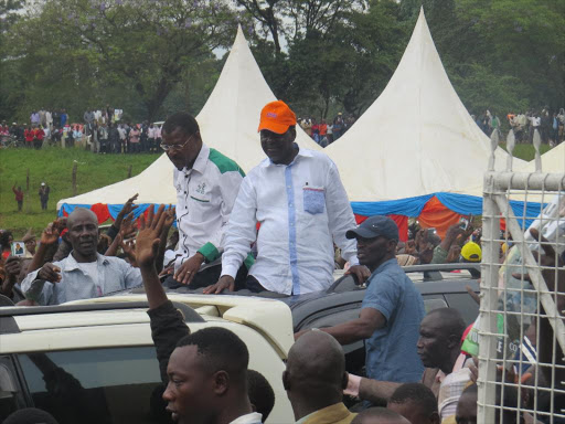 Cord principals Raila Odinga and Moses Wetang’ula campaign in Bungoma town in 2013. Photo/File