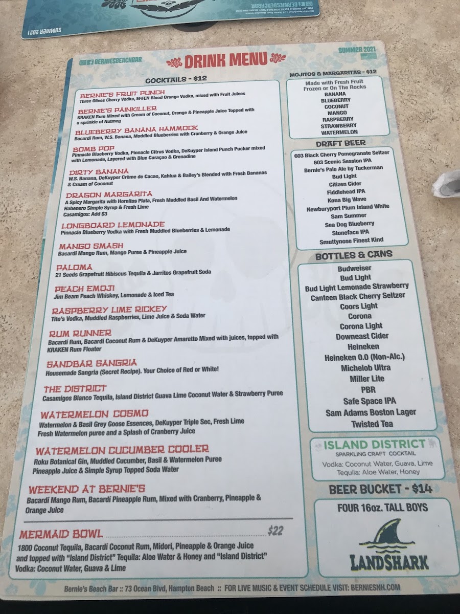 Bernie's Beach Bar gluten-free menu