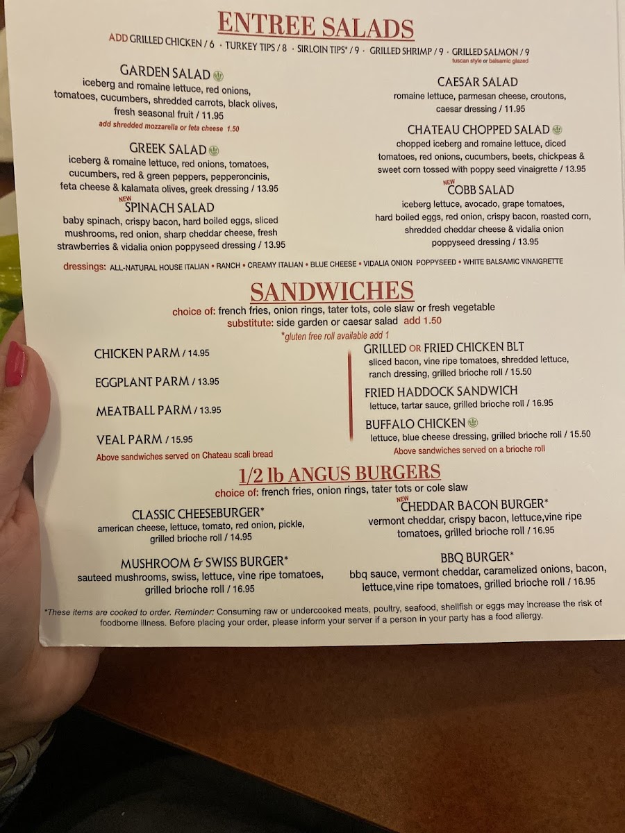 The Chateau gluten-free menu