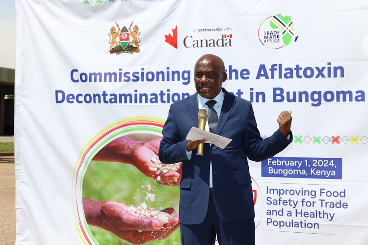 Agriculture Principal Secretary Paul Ronoh speaking during the commissioning of the industrial mycotoxin plant at the Bungoma NCPB on February 1, 2024.