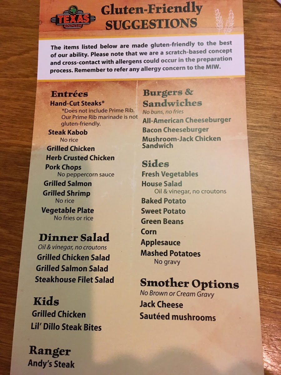 Texas Roadhouse gluten-free menu