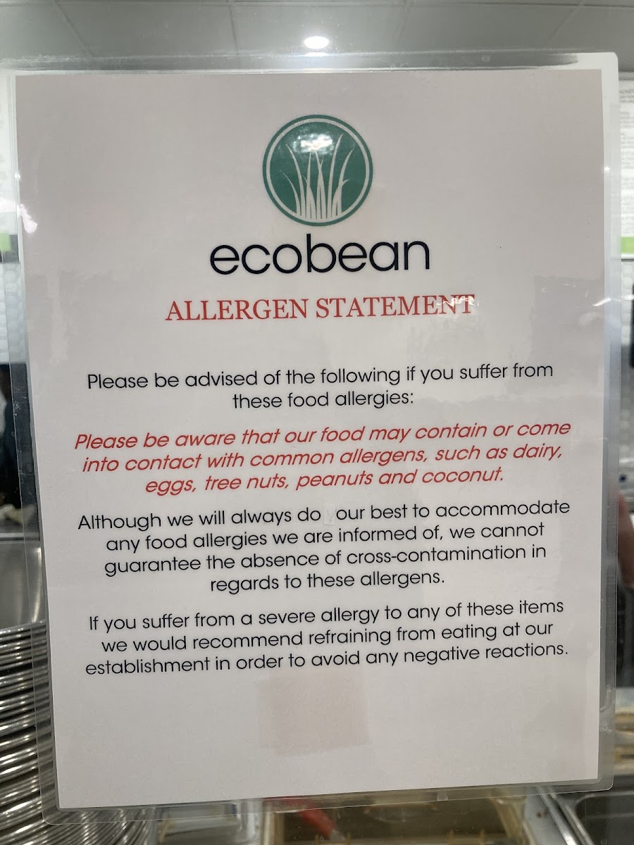 Eco Bean And Greens gluten-free menu