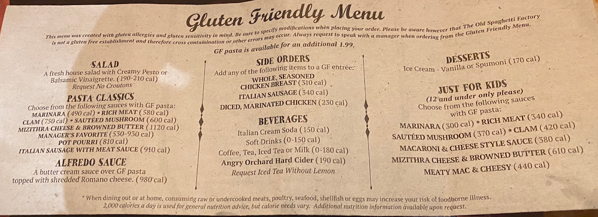 The Old Spaghetti Factory gluten-free menu