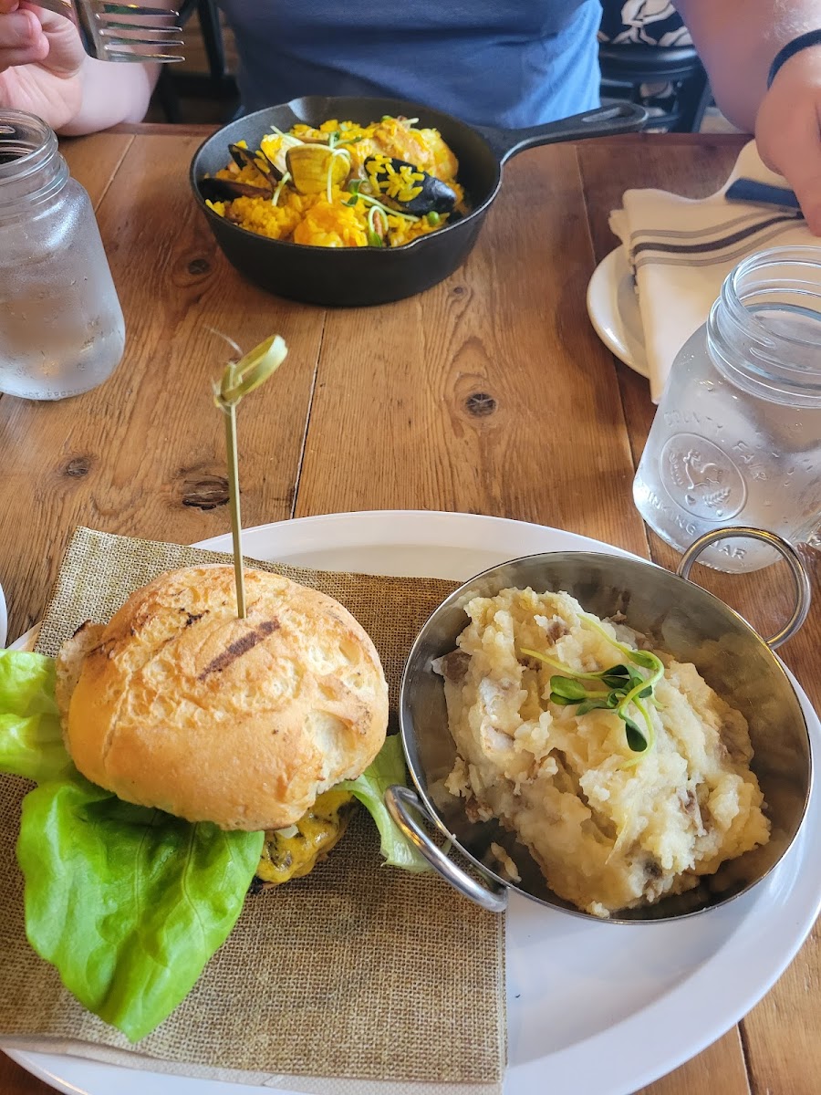 Gluten free burger and smashed potatoes