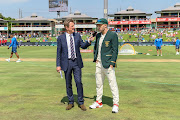South Africa's Faf du Plessis (C) during the coin toss on day 1 of the first International Test Series 2019/20 game between South Africa and England at Supersport Park, Centurion on 26 December 2019