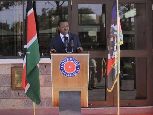 Machakos governor Alfred Mutua addresses the press outside his office on Monday, September 24, 2018./ COURTESY