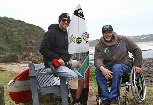 TOP FORM: Western Cape paraplegic surfer Dries Millard met East London surfer Jean-Paul Veaudry at Nahoon Reef yesterday. They will represent South Africa at the World Adaptive Surfing Championships Picture: MARK ANDREWS