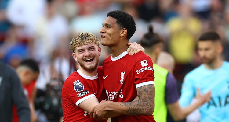 Liverpool's Harvey Elliott and Jarell Quansah celebrate after the match against Tottenham Hotspur at Anfield in Liverpool, Britain, May 5 2024. Picture: Carl Recine/Reuters